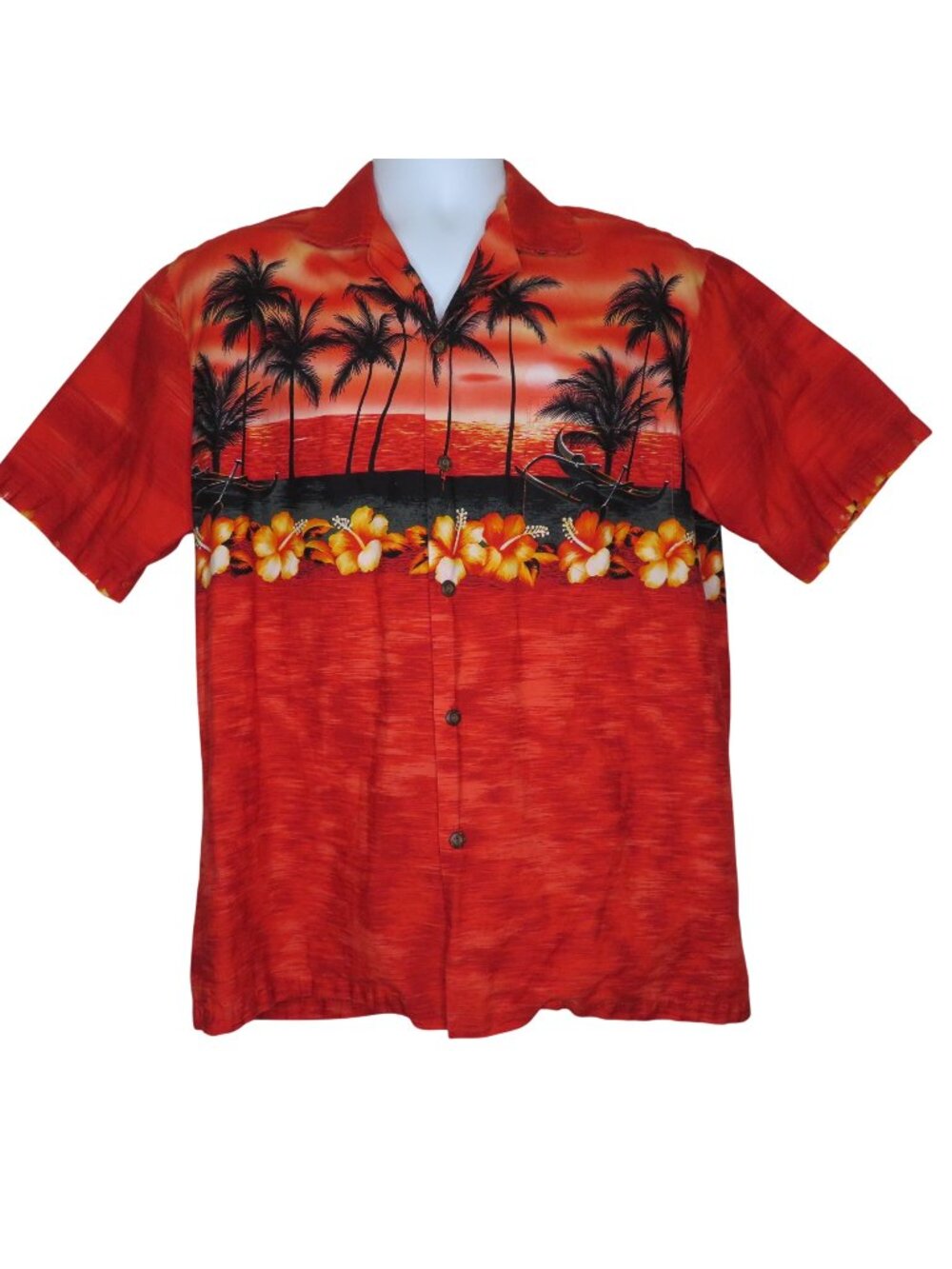 Vintage Red Hawaiian Shirt Mens L Sunset Palm Trees Hibiscus Design Cotton